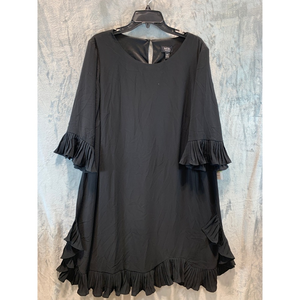 MSK Women Black Ruffle Hem Shift Dress Pleated Cuffs 18W NWT 92106208A